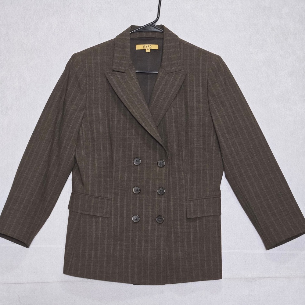 Alex Marie Brown Pinstripe Double Breasted Blazer Wool Blend Jacket Womens 10